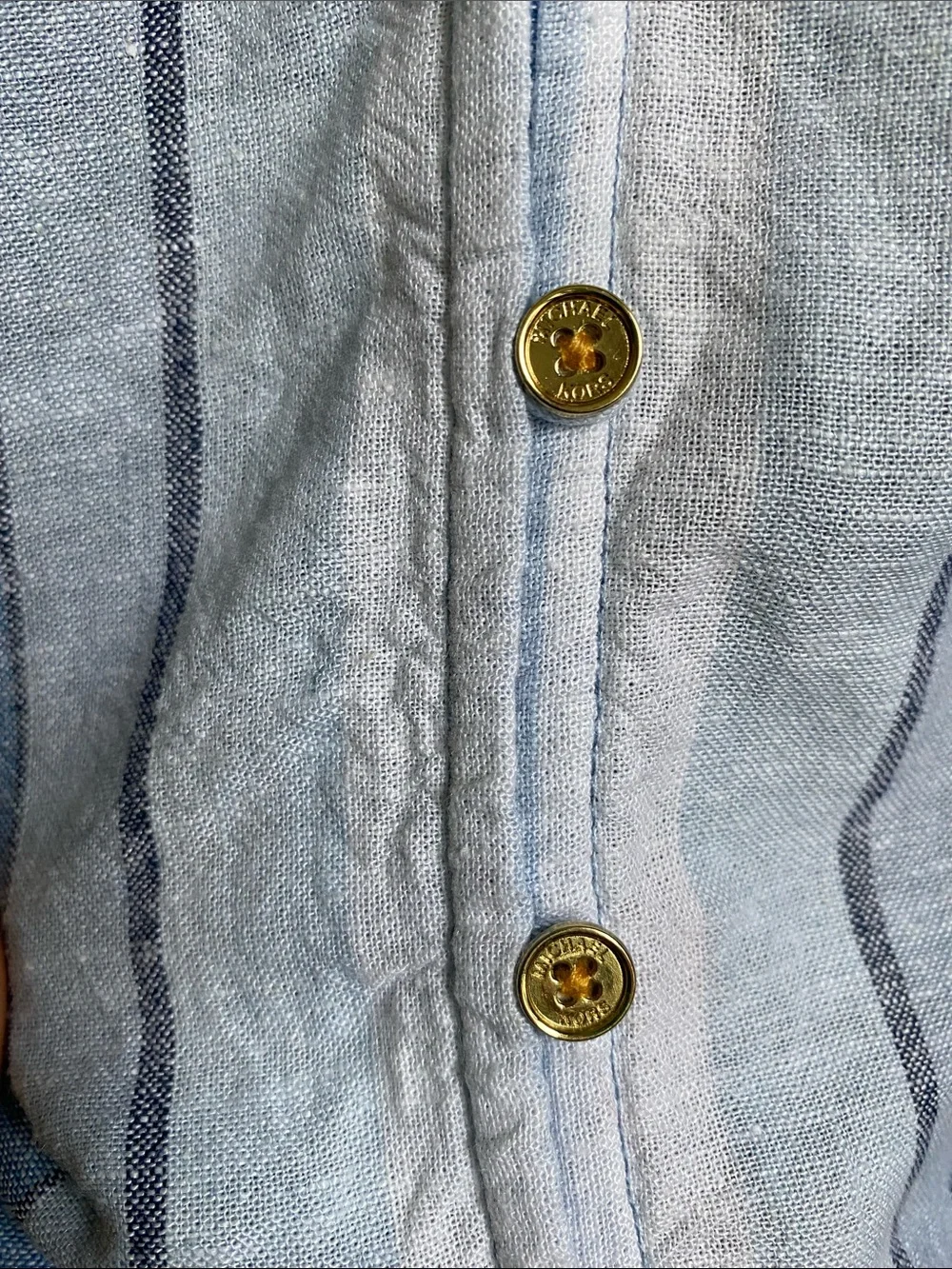 Michael Kors Blue and White Striped Tie-Front Button Linen Blend Blouse